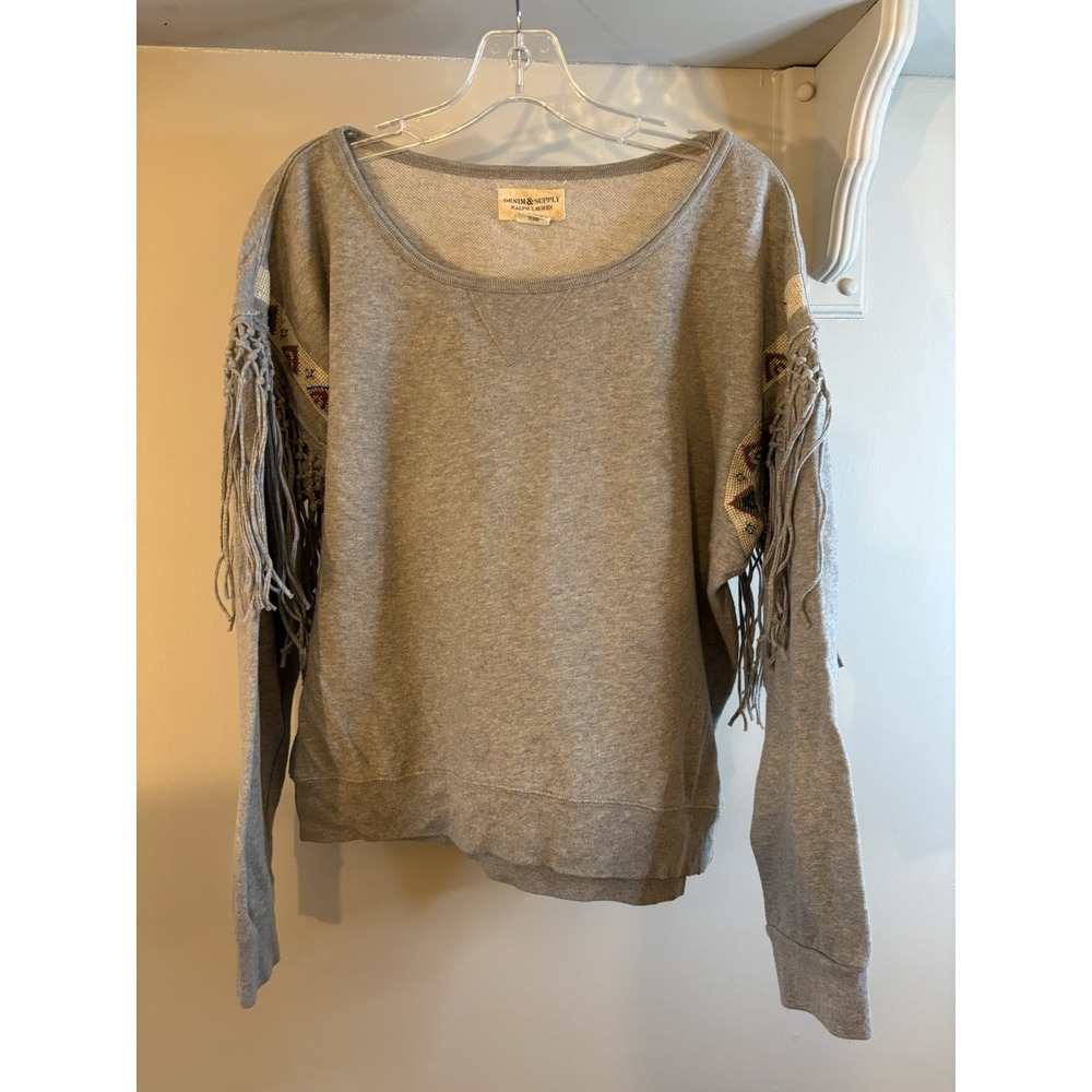 RALPH‎ LAUREN Denim & Supply Gray Beaded Fringe Sweatshirt L Boho Southwestern